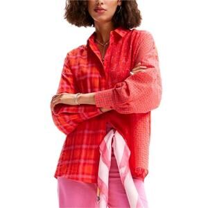 DESIGUAL Oversize Patchwork Plaid Shirt in Orange Long Sleeve Women's Large